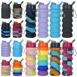 8 Pcs Collapsibles Water Bottles, 16 oz Portable Foldable | Water Bottle with Metal Clip Silicone Leakproof Travel Water Bottle Reusable Sports Waters Bottles for Travel Camping Cycling