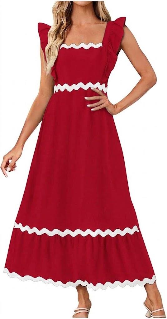 Women's Flutter Sleeveless Square Neck Midi Dress 2025 Casual High Waist Rickrack Tiered Flowy Dresses with Pockets, Small Red