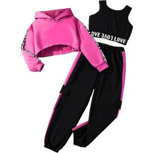 Hilinker Girls Graphic 3 Piece Outfits Workout Hoodie Crop Tank and Sweatpants Set (11-12 Years, Hot Pink Black La)