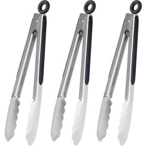 Stainless Steel Kitchen Tongs 9-Inch Cooking Tongs, Set of 3 (Silver)