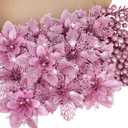 RICHMYC Christmas Flowers Artificial Glitter 24pcs Poinsettia Flowers Berries Christmas Decoration Christmas Tree Ornaments Xmas Wreath Garland Decoration, Pink