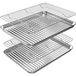 ROTTAY Baking Sheet, Half Sheet Pan with Cooling Rack Set [2 Pans + 2 Racks], Stainless Steel Baking Pan for Oven, Warp Resistant & Heavy Duty & Rust Free, Size 18 x 12 x 1 Inches