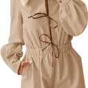 Cicy Bell Womens Casual Short Rompers Cute Tie Front Long Lantern Sleeve Shorts Jumpsuits with Pockets 2025 Fall Outfits (Small, Khaki)