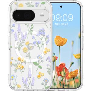RALEAVO for Google Pixel 9/9 Pro Case Compatible with MagSafe Strong Magnetic Clear Floral Cover for Girls Women Slim Hard Back Protective Phone Case,Clear/Lavender