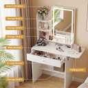 Haewon Small Makeup Vanity Set with Lighted Mirror and Chair, White | Built-In Charging Station, 3 Color Light Modes, Storage Drawer and Shelves, Foldable Top for Bedroom, Compact Space