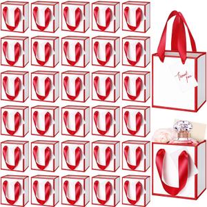 Yeaqee 50 Pcs Mini Metallic Paper Gift Bags with Handles 4x2.75x4.5'' Tiny Small Gift Bags with Thank You Tag for Valentine Wedding Birthday Welcome Return Gifts Small Business(White, Deep Red)