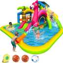 RETRO JUMP Inflatable Water Slide, Flamingo Water Park Bouncy Castle, 9 in 1 Waterslides with Climbing Wall, Splash Pool, Toy Market Stand, Bounce Area, Water Cannon, Basketball Rim, Sprinkler and Blower