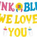 2 x "PINK OR BLUE WE LOVE YOU" Baby Shower Decorations Gender Reveal Banner with Bow, Bottle & Footprints, Neutral Themed Welcome Baby Party Decor Paper Banner Kit