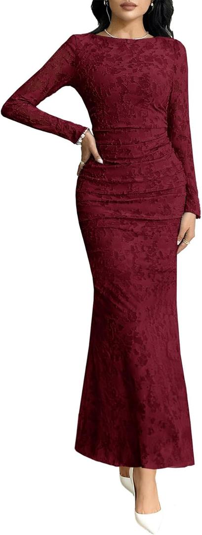 MITILLY Fall Formal Dress for Women 2025 Long Sleeve Bodycon Ruched Floral Maxi Dresses for Party Club Night, Medium Wine Red