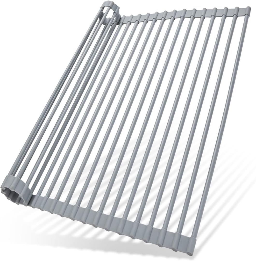 Ohuhu Over Sink Dish Drying Rack, Silicone Wrapped 17.6" W x 15.4" L Large Over The Sink Roll Up Dish Drainer - Foldable Sink Drying Rack Rolling Drain Mats Anti-Slip Multipurpose for Kitchen Counter (Gray)
