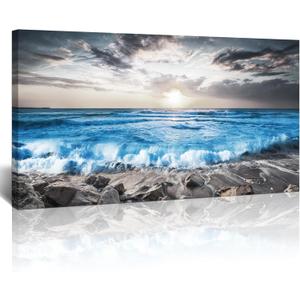 Lapremoly Wall Decoration For Living Room Framed Canvas Wall Art For Bedroom Office Wall Decor Black And White Beach Wall Painting Blue Sea Wave Pictures Artwork Modern Hotel Room Home Decor (40L" x 20W")