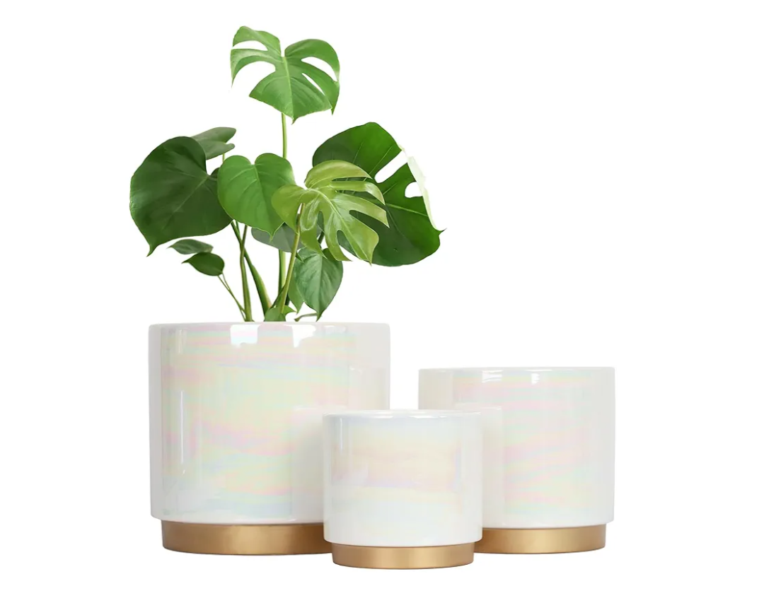 Gepege White Indoor Pots for Plants, Ceramic Planter with Drainage Hole, (2 Pack) 9.6inch +6Inch. Succulent Orchid Flower Pot - Rainbow Pearl Glaze