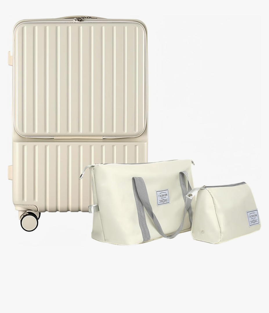 Front Pocket Luggage with Bag Set of 3, Carry-on with Spinner Wheels, Travel Case with Cup Holder and USB Port (White+Bag, Carry-On 20-Inch)