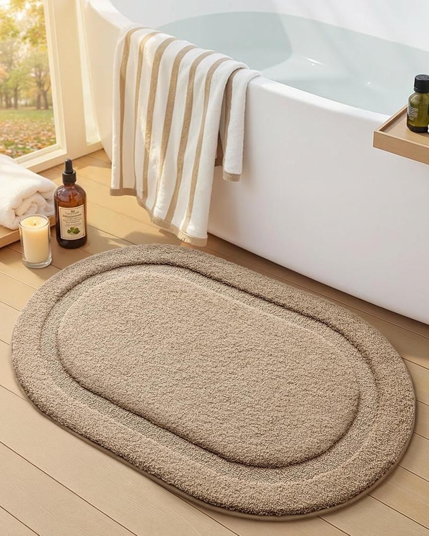 Color&Geometry Oval Beige Bathroom Rugs 24x16, Extra Soft Absorbent Microfiber Bath Rugs, Non-Slip Bathroom mat, Small Washable Plush Bath Mats for Bathroom, Shower, Bathtub, Laundry, Beige (15"x23")