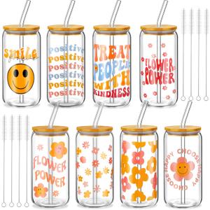 Umigy 8 Pcs Cute Glass Cups with Bamboo Lids and Straws Groovy Retro Ice Coffee Cup 16 oz Smile Face Daisy Glass Beer Cups Drinking Jars with Cleaning Brushes for Christmas Gift Party Supplies