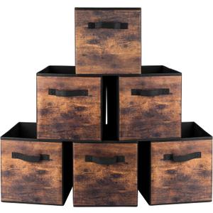 EWES 11 Inch Fabric Storage Cubes, 6 Pack Foldable Storage Bins with Handle, Storage Baskets Box for Shelves, Closet, Organizer, Brown Black