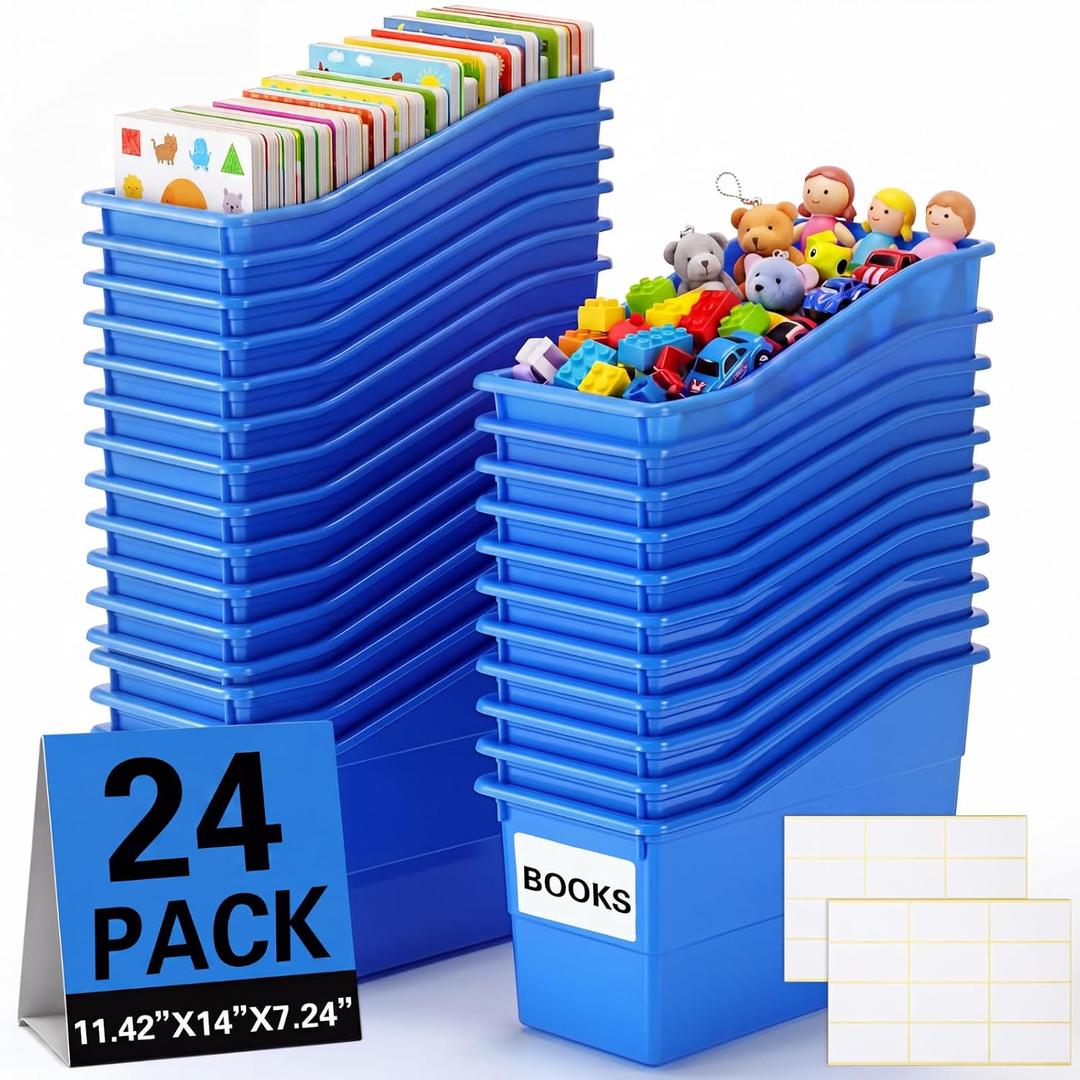 Geetery 24 Pack Large Book Bins with Labels - 14.3 x 7 x 5.3 Inches Heavy Duty Plastic Classroom Book Storage Bins File Organizers Boxes for Classroom, Library, Office, Home, Warehouse (Dark Blue)