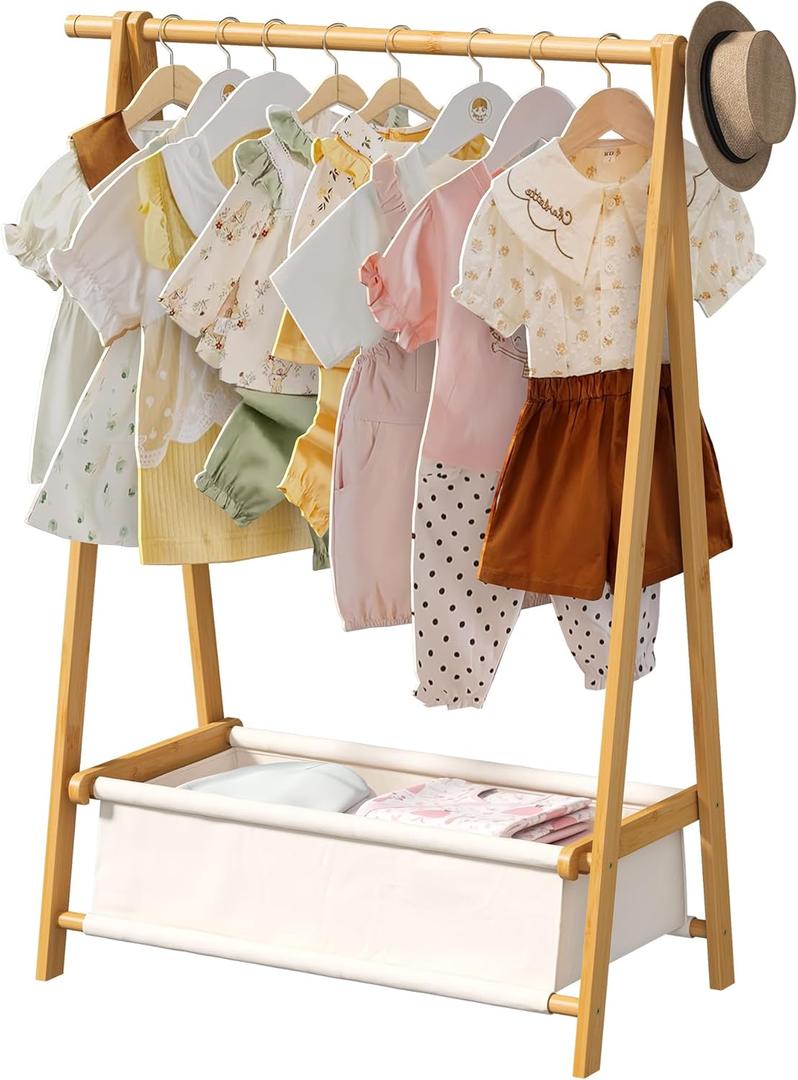 Bamboo Clothes Rack with Storage Box Foldable Garment Holder Coat Rack Freestanding Coat Stand Child Clothing Stand for Hanging Coat Dress up Racks (Natural, Small)