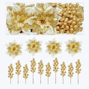 Alupssuc 24 Pieces Christmas Tree Decorations, 12 PCS Gold Poinsettia Flowers Artificial and 12 PCS Glitter Christmas Tree Picks for Christmas Decorations Party Wreath Fireplace Stairs, Gold