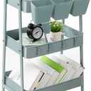 danpinera 3-Tier Rolling Cart, Utility Cart Mobile Metal Rolling Storage Cart with Lockable Wheels & Hanging Cups & Hooks for Kitchen, Bathroom, Office, Workshop, Gray Blue (Normal)