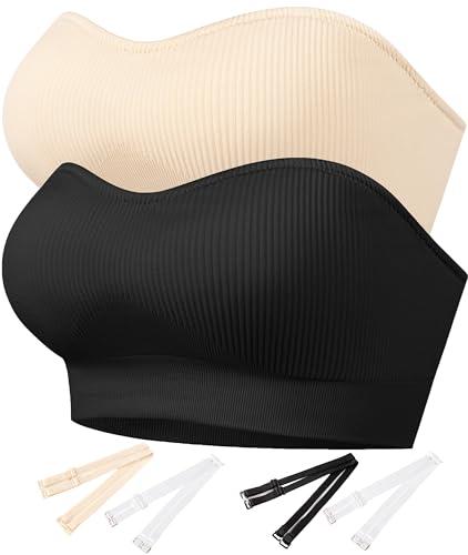 PRETTYWELL Strapless Bra for Women Ribbed Seamless Non-Slip Comfort Padded Wireless Bandeau Bras Wireless Tube Top Bra S