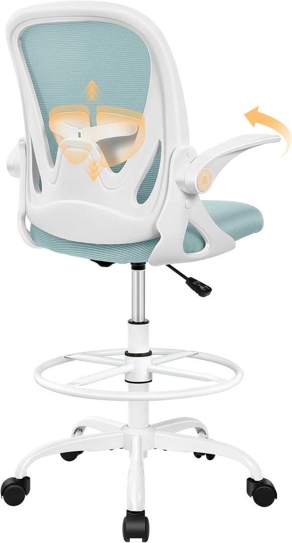 Primy Drafting Chair Tall Office Chair with Flip-up Armrests Executive Ergonomic Computer Standing Desk Chair with Lumbar Support and Adjustable Footrest RingLight Blue
