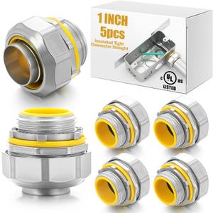 Gisafai 5 Pcs Liquid Tight Connector Straight Insulated Zinc Die Cast Metal Tight Electrical Conduit Fittings for 1 Inch Flexible and Type B Flexible