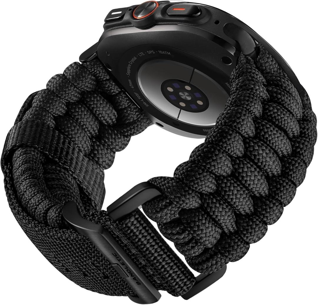 Bandletic Rugged Paracord Compatible with Samsung Galaxy Watch Ultra Bands 47mm (2025/2024) for Men, Handmade Woven Braided Tactical Military Survival Nylon Strap, Large, Black Buckle-Black