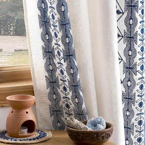 NICETOWN Boho Curtains with Navy Blue Trim 84" Long 2 Panels, Embroidered Cream Linen Textured Geometric Drapes with Antique Bronze Grommets, Light Filtering Window Treatment for Living Room & Nursery