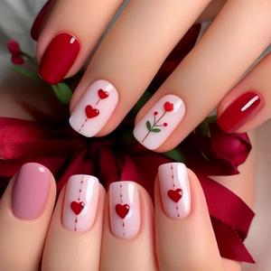 Valentine's Day Press on Nail Medium Length Square Fake Nails Red Pink Stick on Nail with Heart Floral designs Acrylic Press ones Full Cover Romantic Reusable Glue on Nails for Women Valentine 24pcs