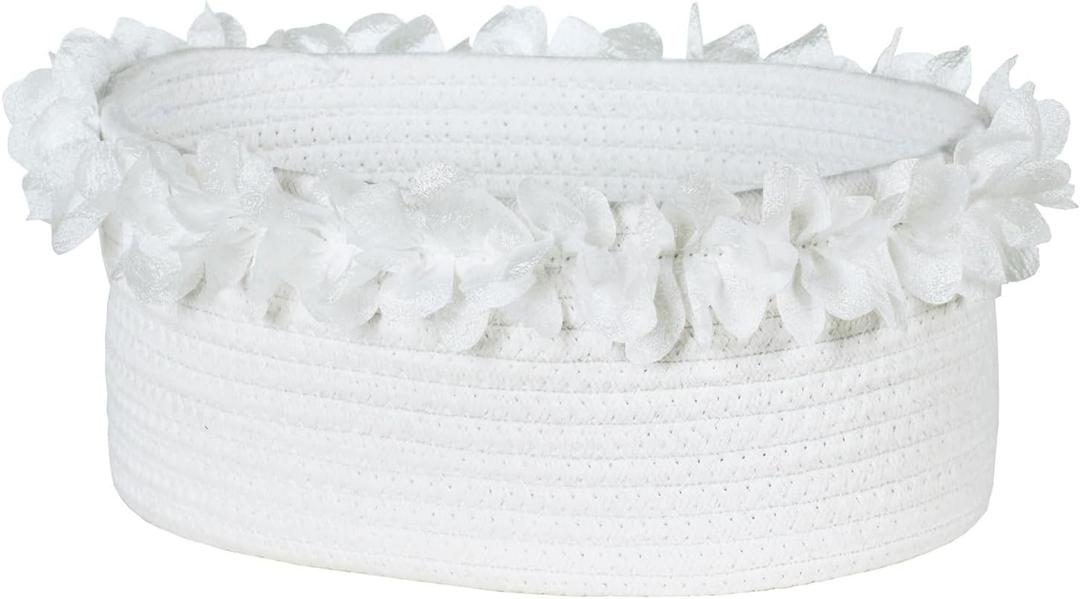 Yimi's Dream Cotton Rope Gift Basket  White Woven Gift Basket with Lace, Decorative Organizer for Baby Shower, Housewarming, Nursery, Toys, Socks, Diapers, Christmas, Holiday Gifts (Oval - 12"x8"x5")