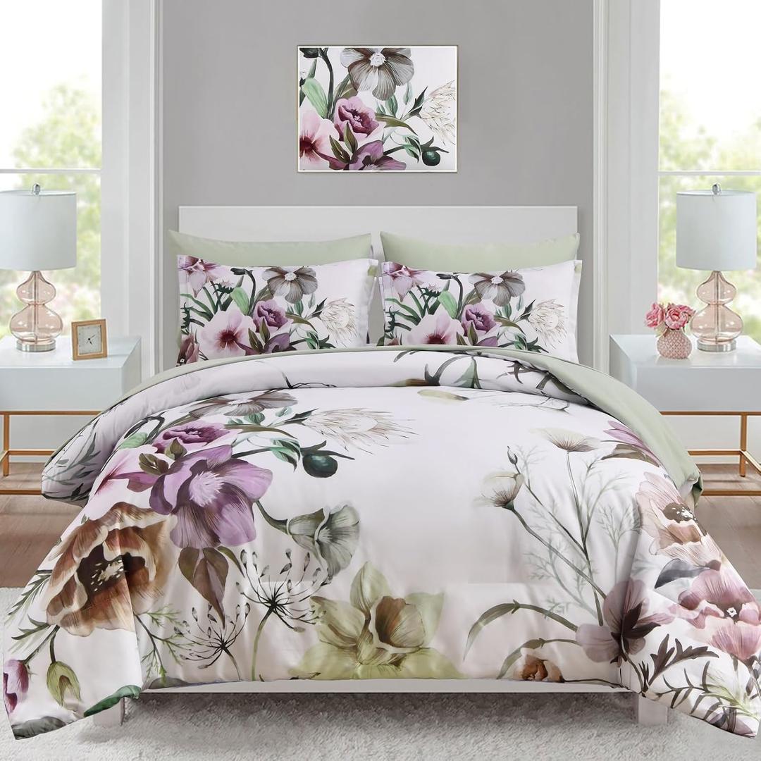 Luxudecor Floral Comforter Set Queen Size 7 Piece, Green Flower Bed in a Bag, Elegant Floral Comforter with Sheet Set, Soft Microfiber Bedding Set for All Season (Green, 90"x90")