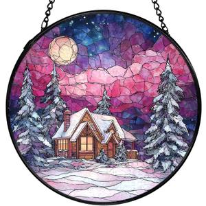 Winter Scene Christmas Suncatchers Stained Glass Window Hanging, Farmhouse Winter Landscape Sun Catchers Indoor Window Glass Round Wall Decor, Christmas Wall Hanging Decorations, 7.9x7.9in