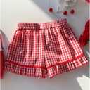 SOLY HUX Women's Plaid Print Shorts Elastic Waist Bowknot Ruffle Bottoms Cute Sweet Short Pants (Red, S)
