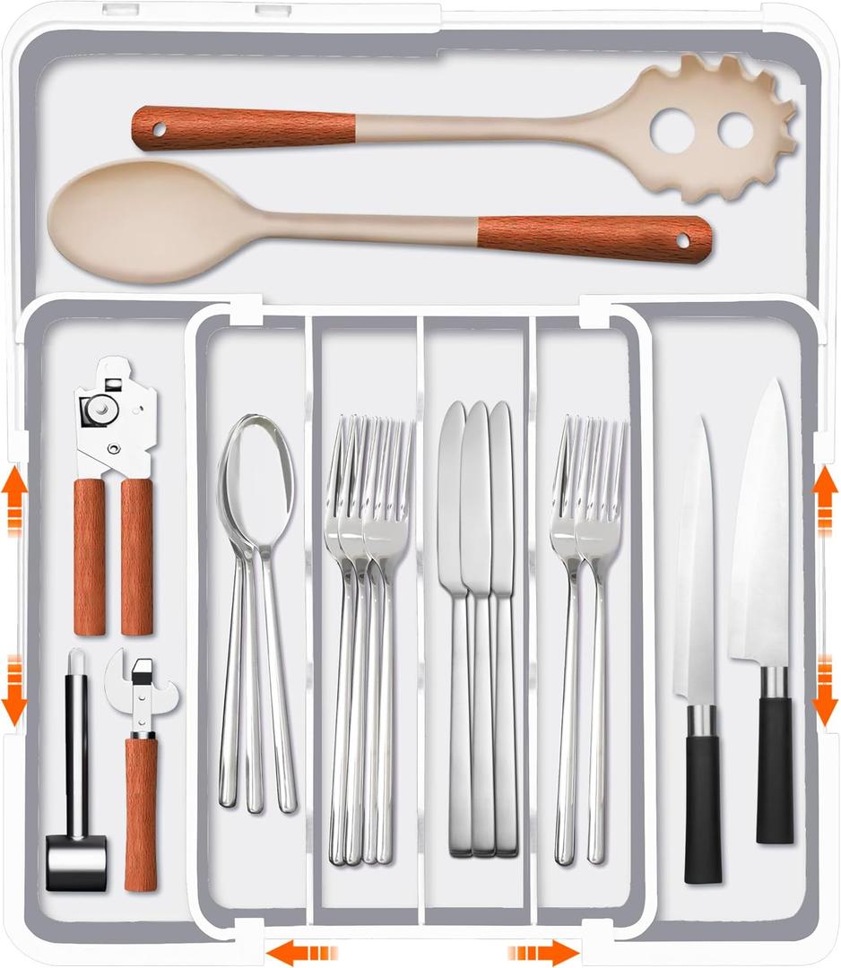 Homecor Silverware Drawer Organizer, Adjustable Kitchen Drawer Organizer, Expands from 4 to 7 Slots, Non-Slip BPA-Free Flatware Cutlery Utensil Holder for Forks Knives Spoons and Kitchen Utensil,White