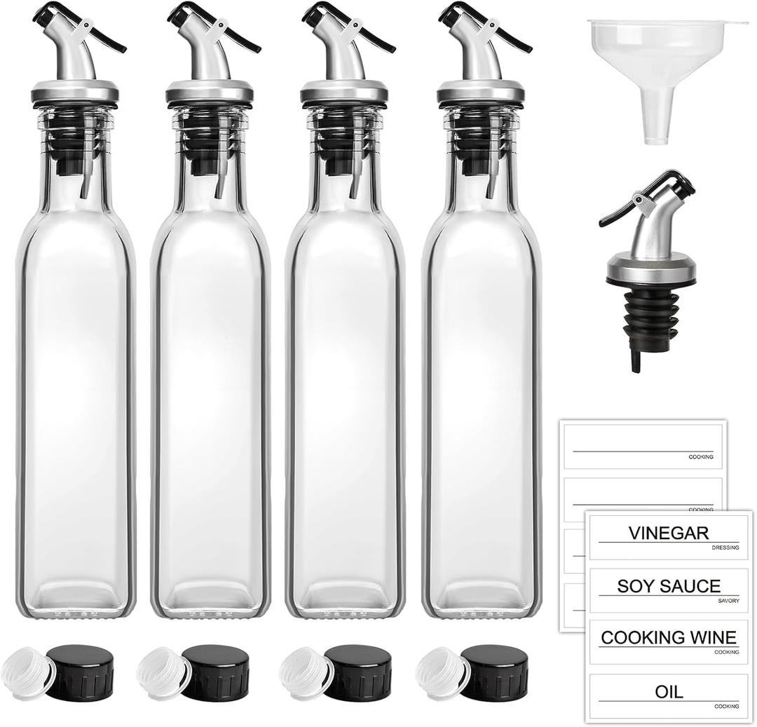 GMISUN Oil Dispenser Bottle for Kitchen, Olive Oil Dispenser Bottle 8oz, Cooking Oil and Vinegar Dispenser Set 4Pack, Olive Oil Decanter Container with Oil Pourer Spout, Funnel & Labels (Clear)