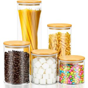 Airtight Glass Food Storage Containers with Lids,5-Pack Pantry Storage Canisters Set,19/26/33/45/68 Ounces Kitchen Jars for Flour,Sugar,Salt,Coffee Beans,Cereal,Spice,Creamer & Overnight Oats