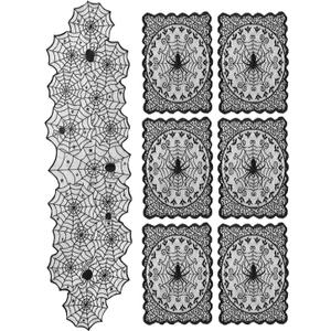 EZAKKA Halloween Table Runner with 4Pcs Placemat, Black Lace Spider Web Table Runners for Parties Gothic Spooky Home Decorations, 18 x 72 Inch