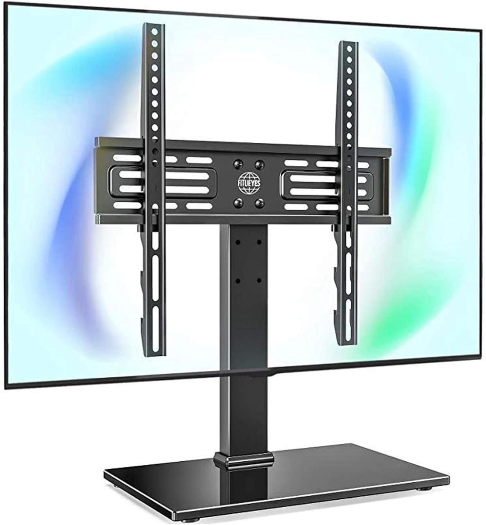 FITUEYES Universal TV Mount Stand Table Top TV Stand for 27-55 inch TVS Height Adjustable TV Stand Mount, Glass Base, Black