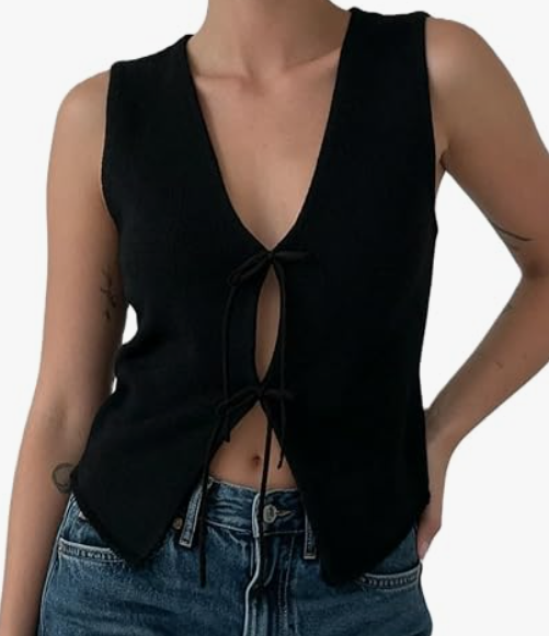 Womens Vintage Knittd Tank Y2k Vest Crop Top Sleeveless V-Neck Open Front Button Crochet Knit Vests Versatile Tops
(Black, M)
