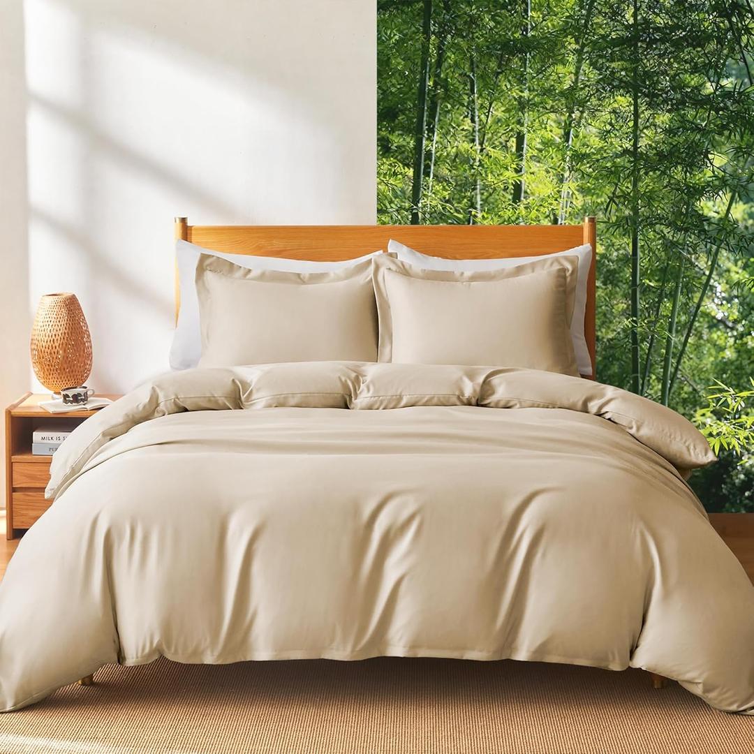 MR&HM Silky Cooling Duvet Cover Queen Size for Hot Sleepers, Rayon Derived from Bamboo & Polyester Blend, Breathable & Moisture-Wicking Comforter Cover Set 3 Pieces, Ultra-Soft, 90"x90" (Beige)