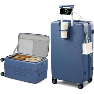 Hanke 28 Inch Expandable Checked Luggage with Cup Holder and Charger Port, Top Opening Hard Shell Large Suitcases with Wheel, Big Travel Rolling Suitcase Trunk Luggage with Lock,Interstellar Blue