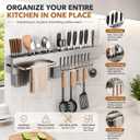 Kitchen Utensil Rack Wall Mount 24 Inch, Kitchen Utensil Hanger & Utensil Rail with 10 Hooks, 3 Storage Cups and Knife Holder, Kitchen Utensil Hanging Rack, No Drill Adhesive or Screw Installation