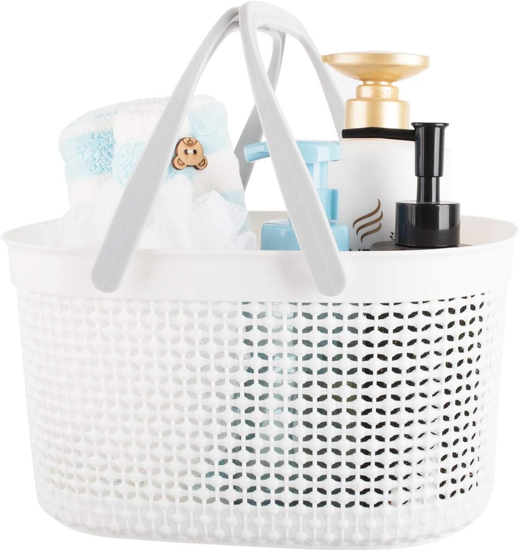 Rejomiik Portable Shower Caddy Basket, Plastic Organizer Storage Tote with Handles for Bathroom, College Dorm, Kitchen, White (1 Pack)