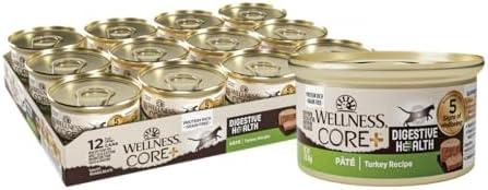 Wellness CORE+ Digestive Health Pate Adult Canned Wet Cat Food, Natural, Protein Rich, Grain Free, Turkey Recipe, 3 oz, Pack of 11 Cans, BBD: 09/08/2028