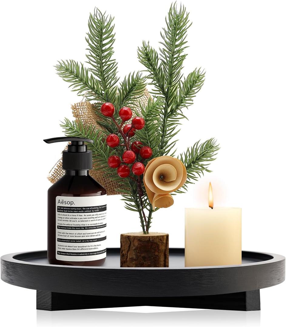 Black Decorative Wooden Tray for Kitchen Counter Bathroom Accessories Sink Vanity Trays Wood Riser Candle Pedestal Stand for Perfume Soap Trays Round Dining Coffee Table Small Rustic Home Decor Tray (10 inch)