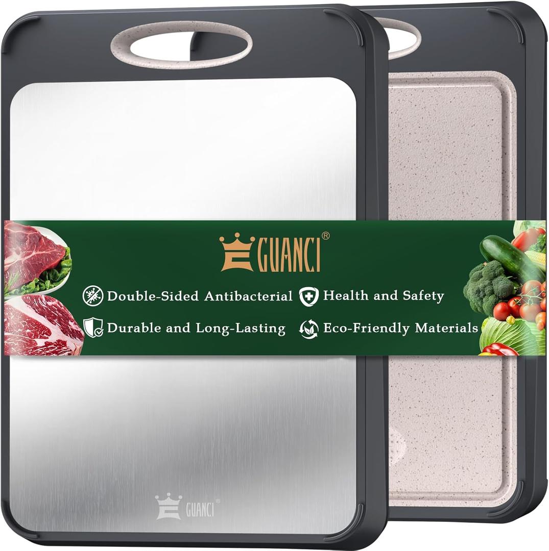 GUANCI Cutting Board for Kitchen, Stainless Steel Cutting Board Double Sided for Chopping Meat/Vegetables, Stainless Steel/Wheat Straw PP, Kitchen Gifts Easy to Clean Large 1611