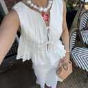 Linen Bow Tie Front Tank Tops Vest Women Coquette Babydoll Peplum Blouses Y2k Sleeveless Pleated Ruffle Tunic Shirt White (S)