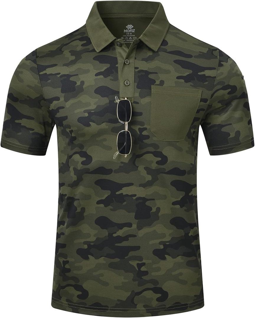 MoFiz Men's Camo Polo Golf Shirt Hiking Dry Fit Short Sleeve T-Shirts Pique Collared Polo Jersey (Green, XXXL)