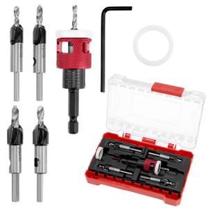 QWORK 5 Pcs Countersink Drill Bit Set, 1/4" Quick Change Hex Shank Countersink Drill for Wood, Plastic, Woodworking